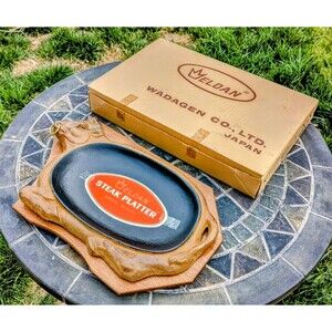 Weldan Cast Iron Wadagen Bull-Shaped Steak Skillet Serving Platter Plate Set NOS